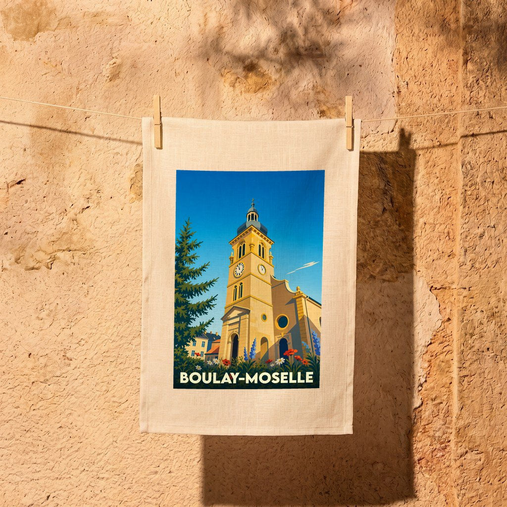 Torchon souvenir de la ville de Boulay-Moselle avec une illustration stylisée de son église.