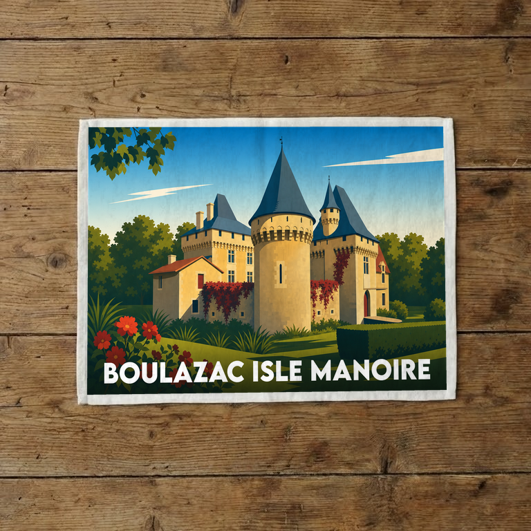 Torchon souvenir de la ville de Boulazac Isle Manoire avec une illustration stylisée de son patrimoine architectural.