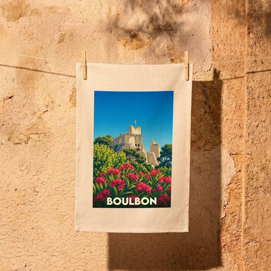 Torchon souvenir de la ville de Boulbon illustrant son château et des fleurs colorées dans un style rétro.