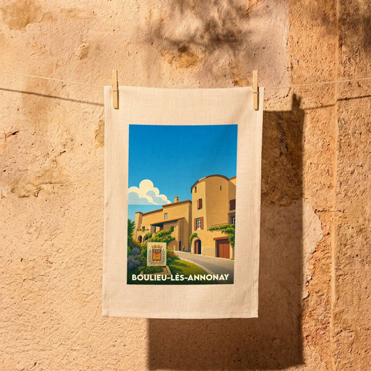 Torchon souvenir de la ville de Boulieu-lès-Annonay avec une illustration stylisée.