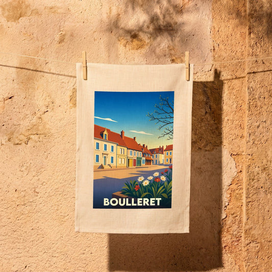 Torchon souvenir de la ville de Boulleret avec une illustration stylisée d'une rue ensoleillée.