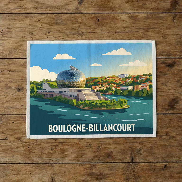 Torchon souvenir de la ville de Boulogne-Billancourt avec une illustration stylisée de la Seine Musicale.