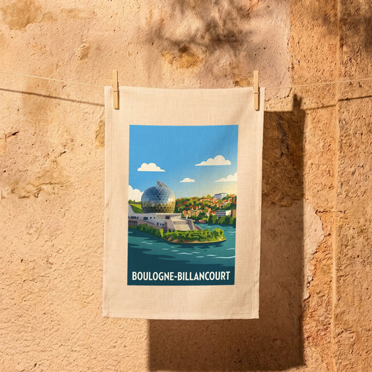 Torchon souvenir de la ville de Boulogne-Billancourt avec une illustration stylisée de la Seine Musicale.