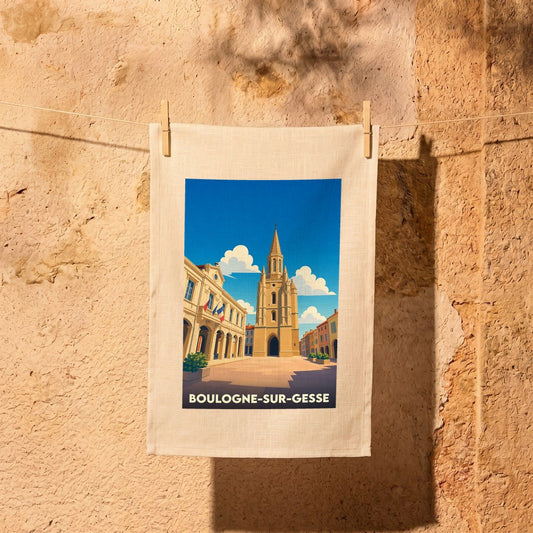 Torchon souvenir de la ville de Boulogne-sur-Gesse avec une illustration stylisée de son église et de sa place.