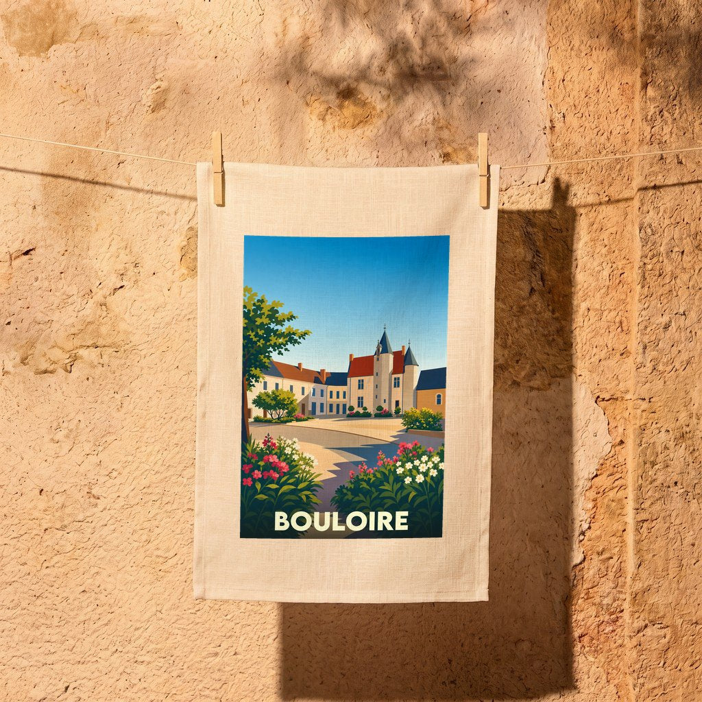 Torchon souvenir de la ville de Bouloire illustré d'une scène pittoresque stylisée, suspendu contre un mur en pierre.