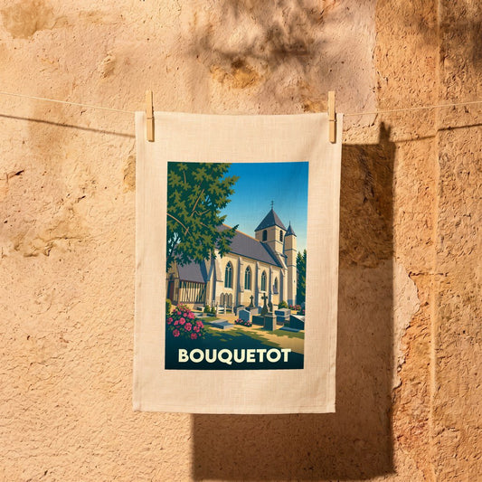Torchon souvenir de la ville de Bouquetot orné d'une illustration stylisée de son église et de son cimetière.