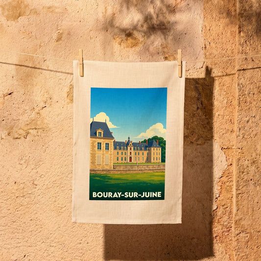 Torchon souvenir de la ville de Bouray-sur-Juine avec une illustration stylisée d'un château.