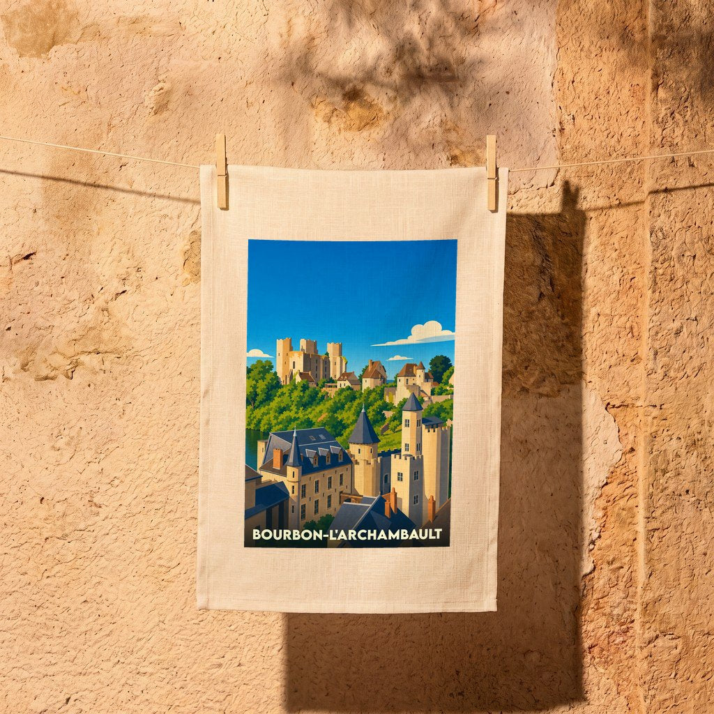 Torchon souvenir de la ville de Bourbon-l'Archambault avec une illustration stylisée de ses châteaux et maisons médiévales.