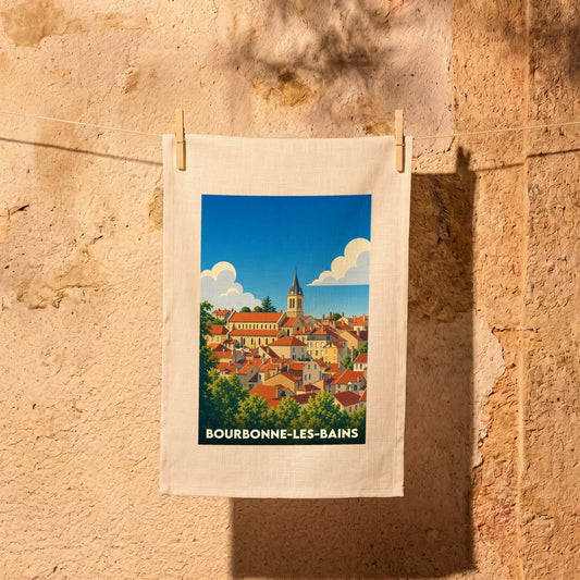 Torchon souvenir de la ville de Bourbonne-les-Bains avec une illustration stylisée de son paysage urbain.