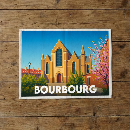 Torchon souvenir de la ville de Bourbourg avec une illustration stylisée de son église et de cerisiers en fleurs.
