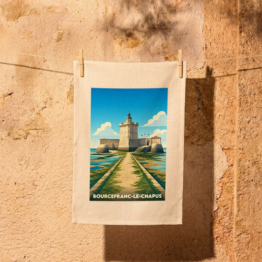Torchon souvenir de la ville de Bourcefranc-le-Chapus illustrant le Fort Louvois dans un style rétro.