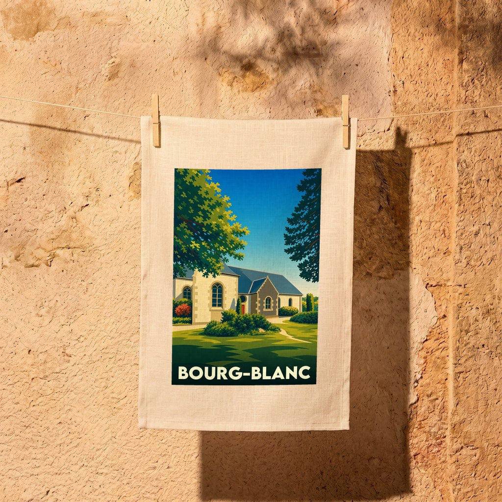 Torchon souvenir de la ville de Bourg-Blanc avec une illustration stylisée.