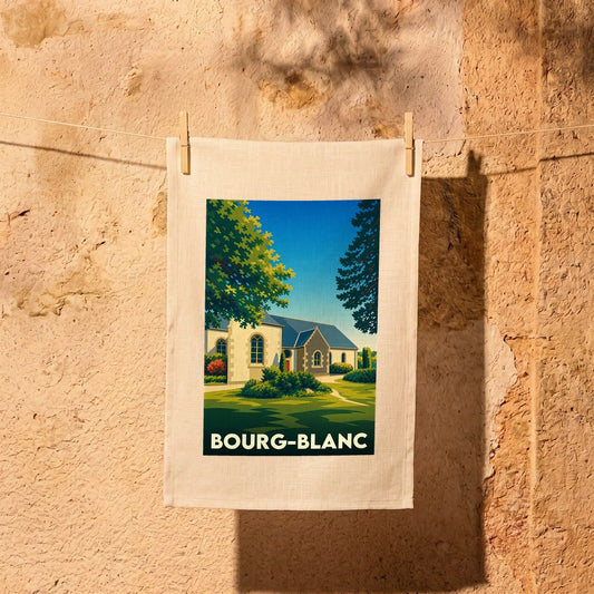 Torchon souvenir de la ville de Bourg-Blanc avec une illustration stylisée.