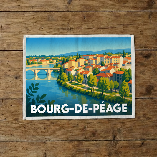 Torchon souvenir de la ville de Bourg-de-Péage illustré d'un paysage urbain stylisé au bord de l'eau.