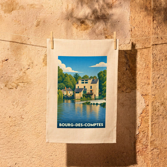 Torchon souvenir de la ville de Bourg-des-Comptes avec une illustration stylisée d'un moulin au bord de l'eau.