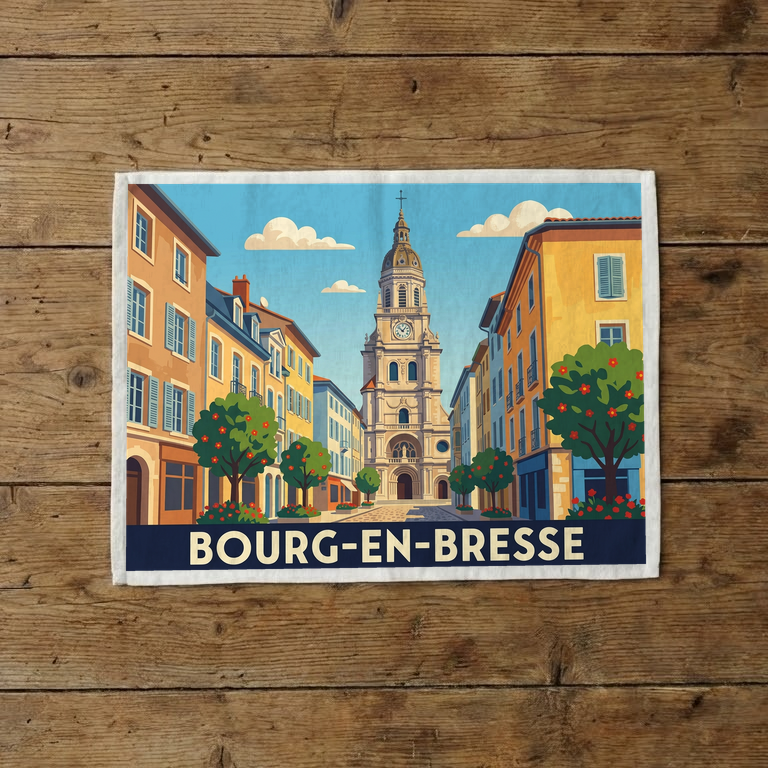 Torchon souvenir de la ville de Bourg-en-Bresse avec une illustration stylisée.