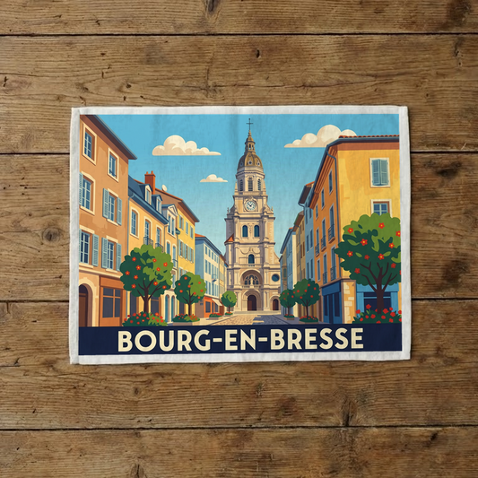 Torchon souvenir de la ville de Bourg-en-Bresse avec une illustration stylisée.