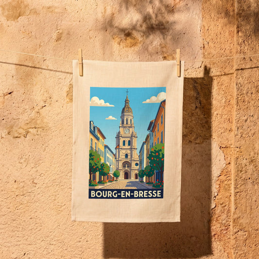 Torchon souvenir de la ville de Bourg-en-Bresse avec une illustration stylisée.