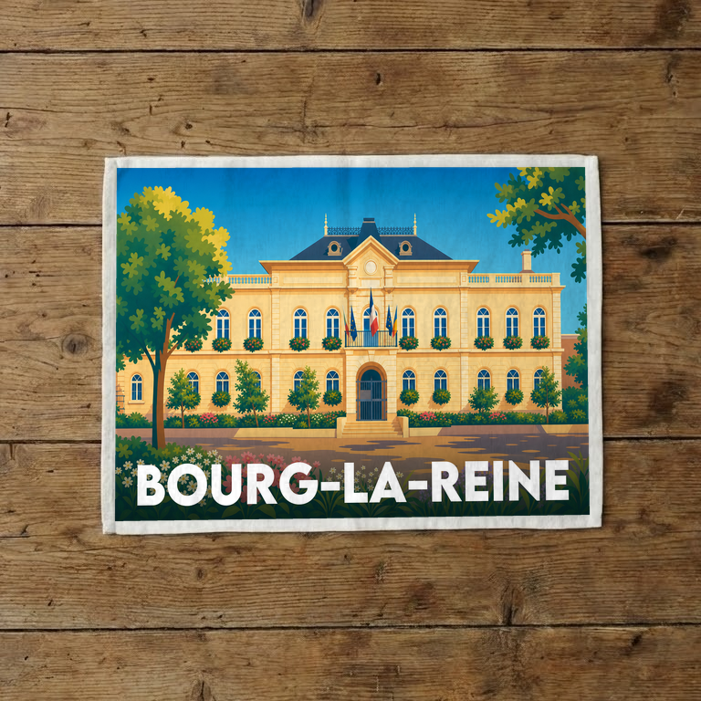 Torchon souvenir de la ville de Bourg-la-Reine avec une illustration stylisée de l'hôtel de ville.