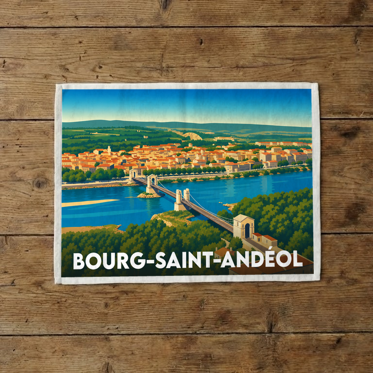 Torchon souvenir de la ville de Bourg-Saint-Andéol avec une illustration stylisée de son pont suspendu enjambant le Rhône.
