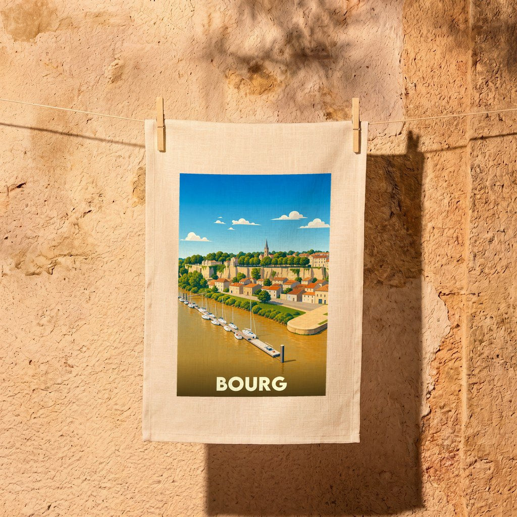 Torchon souvenir de la ville de Bourg avec une illustration stylisée de son port et de ses falaises.