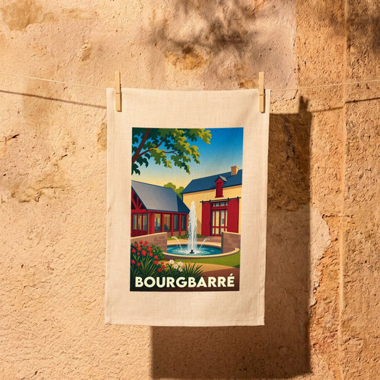 Torchon souvenir de la ville de Bourgbarré avec une illustration stylisée d'une fontaine et de bâtiments colorés.