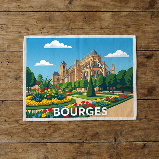 Torchon souvenir de la ville de Bourges avec une illustration stylisée de sa cathédrale et de ses jardins.
