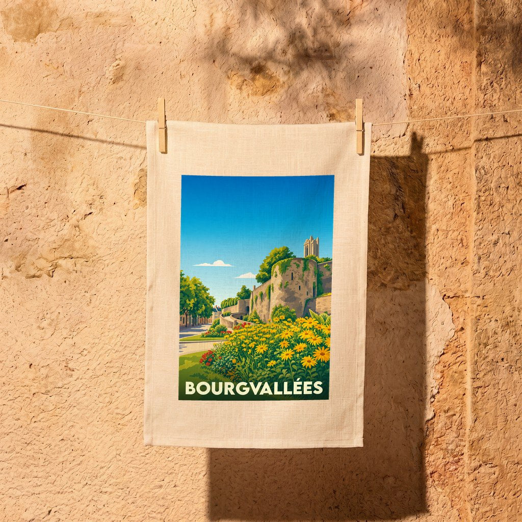 Torchon souvenir de la ville de Bourgvallées orné d'une illustration stylisée de ses remparts et de ses jardins.