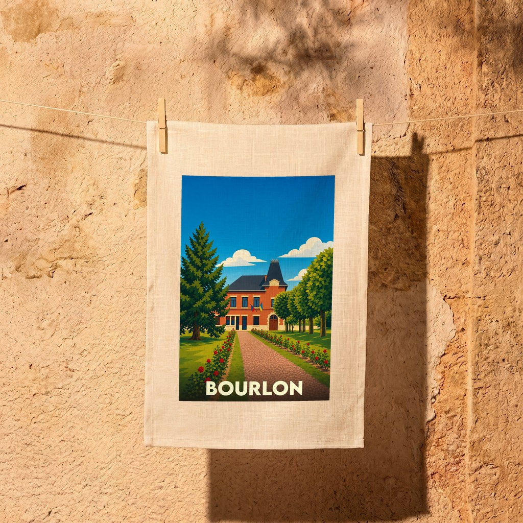 Torchon souvenir de la ville de Bourlon avec une illustration colorée et stylisée de sa mairie.