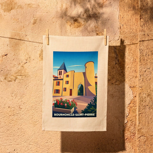 Torchon souvenir de la ville de Bournoncle-Saint-Pierre avec une illustration stylisée.