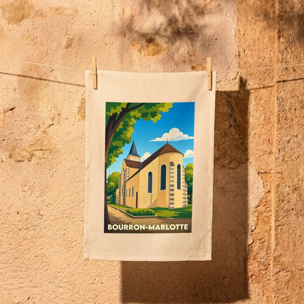 Torchon souvenir de la ville de Bourron-Marlotte avec une illustration stylisée de son église.