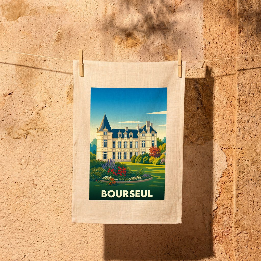 Torchon souvenir de la ville de Bourseul illustré par un château majestueux et son jardin fleuri.