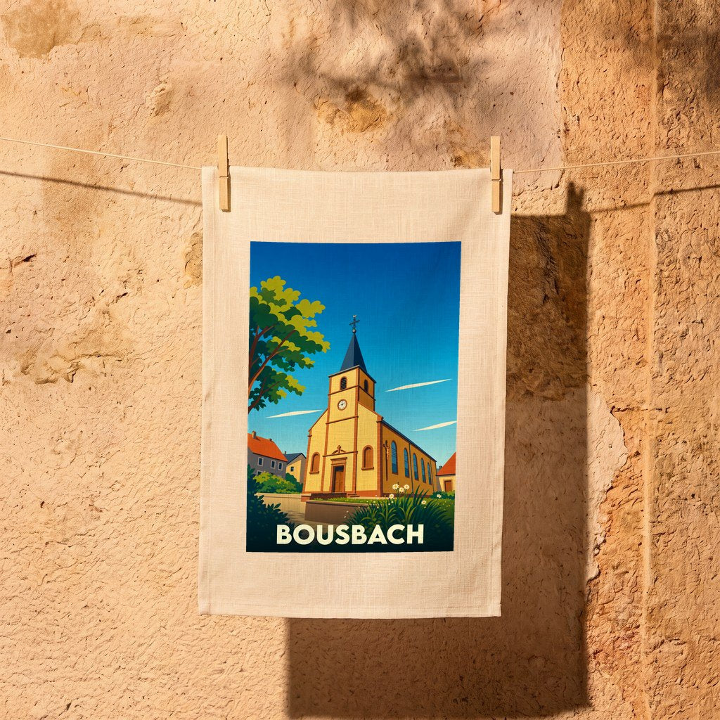 Torchon souvenir de la ville de Bousbach avec une illustration stylisée de son église.