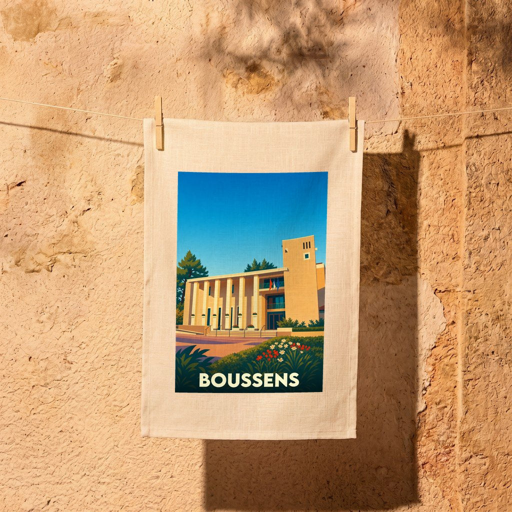Torchon souvenir de la ville de Boussens avec une illustration stylisée.