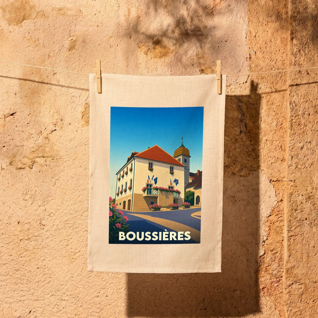 Torchon souvenir de la ville de Boussières avec une illustration stylisée.