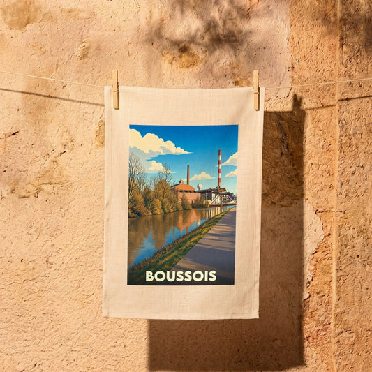 Torchon souvenir de la ville de Boussois avec une illustration stylisée d'un paysage industriel au bord de l'eau.
