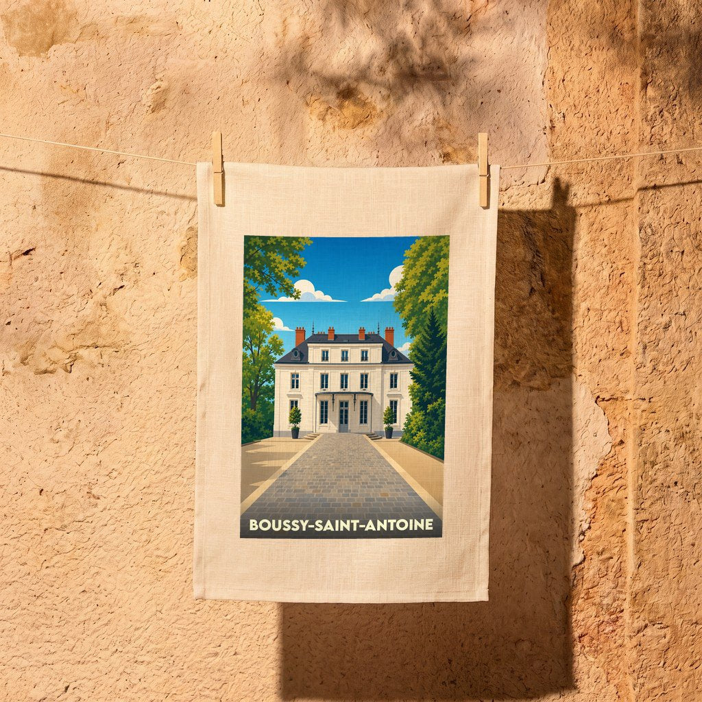 Torchon souvenir de la ville de Boussy-Saint-Antoine avec une illustration stylisée d'une demeure bourgeoise.