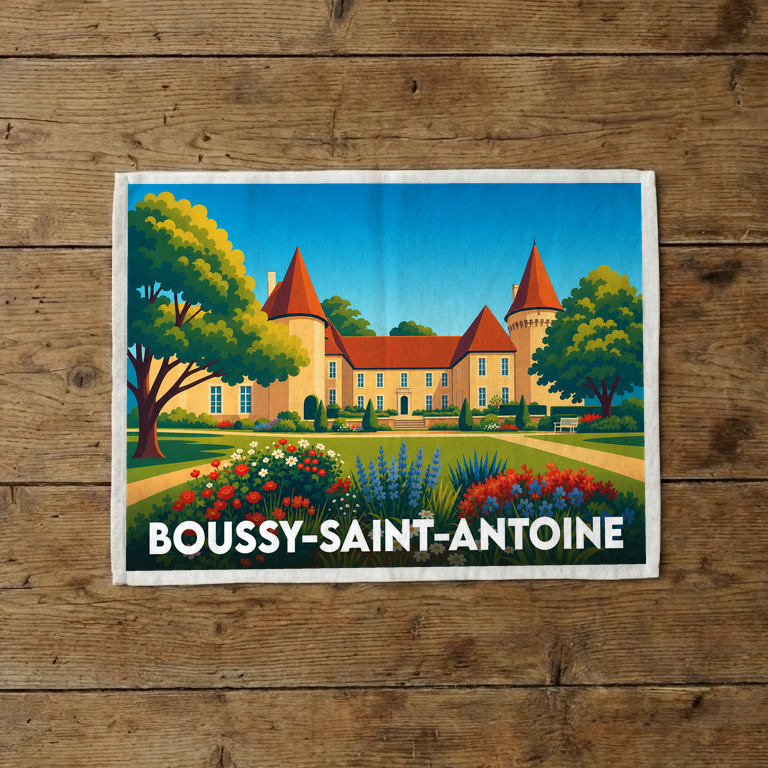 Torchon souvenir de la ville de Boussy-Saint-Antoine avec une illustration stylisée de son château et ses jardins.