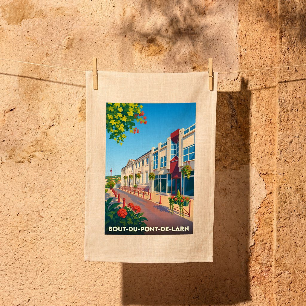Torchon souvenir de la ville de Bout-du-Pont-de-Larn avec une illustration stylisée et colorée.