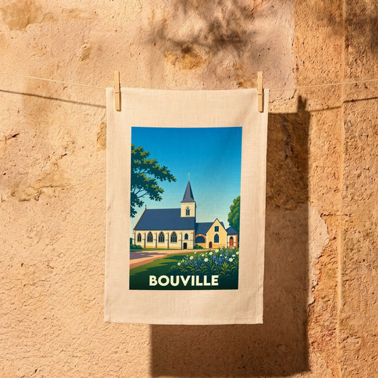 Torchon souvenir de la ville de Bouville avec une illustration stylisée d'une église.