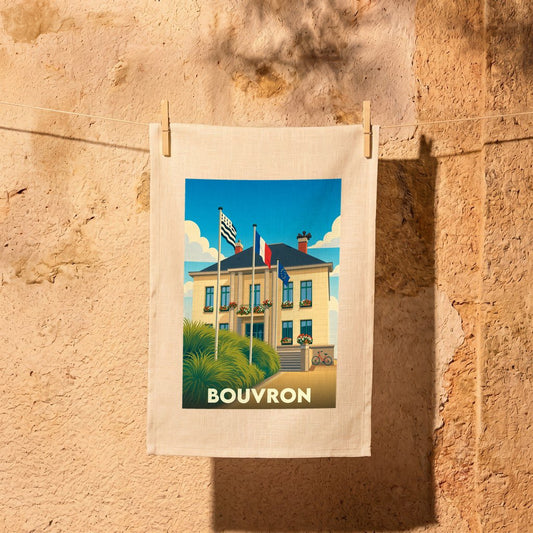 Torchon souvenir de la ville de Bouvron illustrant sa mairie et ses drapeaux dans un style rétro.