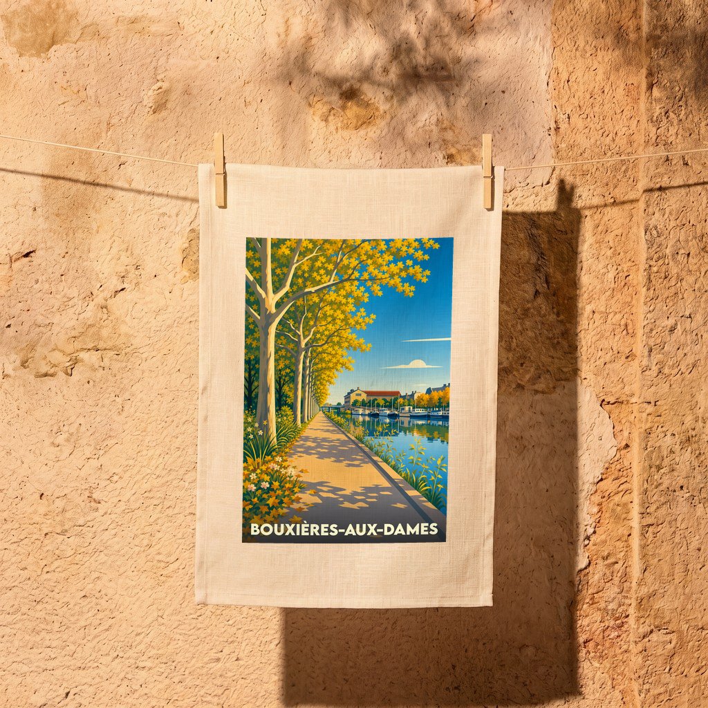 Torchon souvenir de la ville de Bouxières-aux-Dames avec une illustration stylisée d'un canal bordé d'arbres.