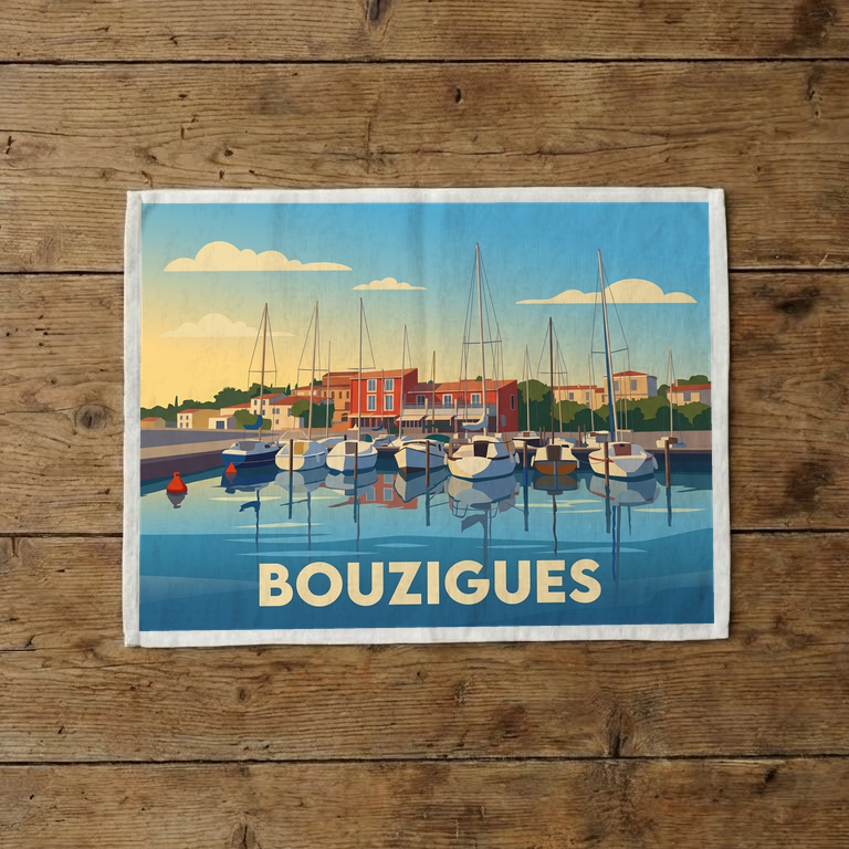 Torchon souvenir de la ville de Bouzigues avec une illustration stylisée de son port.