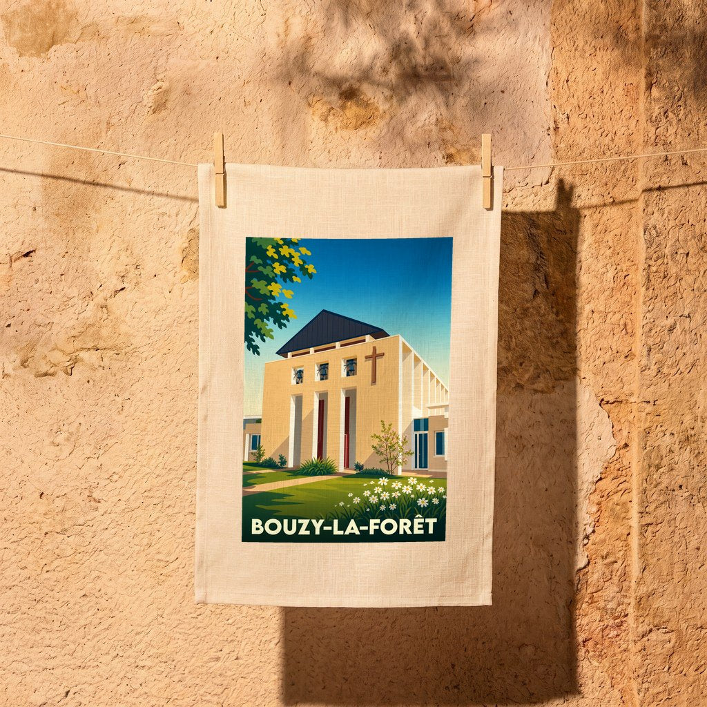 Torchon souvenir de la ville de Bouzy-la-Forêt avec une illustration stylisée de son église moderne.