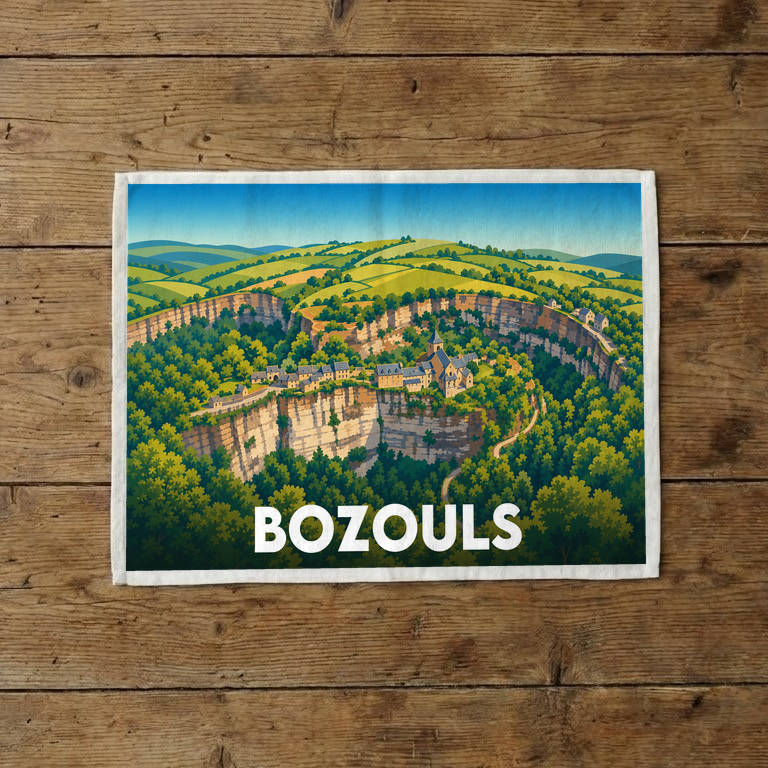 Torchon souvenir de la ville de Bozouls avec une illustration stylisée de son célèbre canyon.