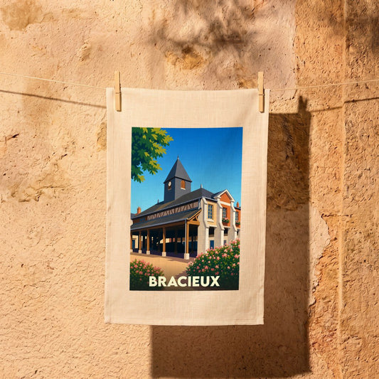 Torchon souvenir de la ville de Bracieux avec une illustration stylisée de ses halles historiques.