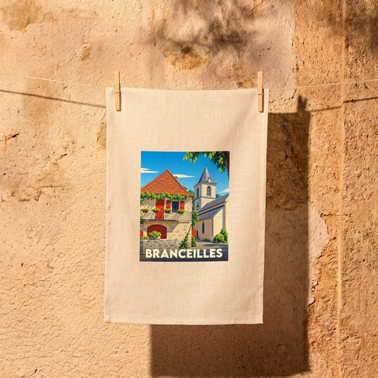 Torchon souvenir de la ville de Branceilles avec une illustration stylisée d'un village pittoresque.