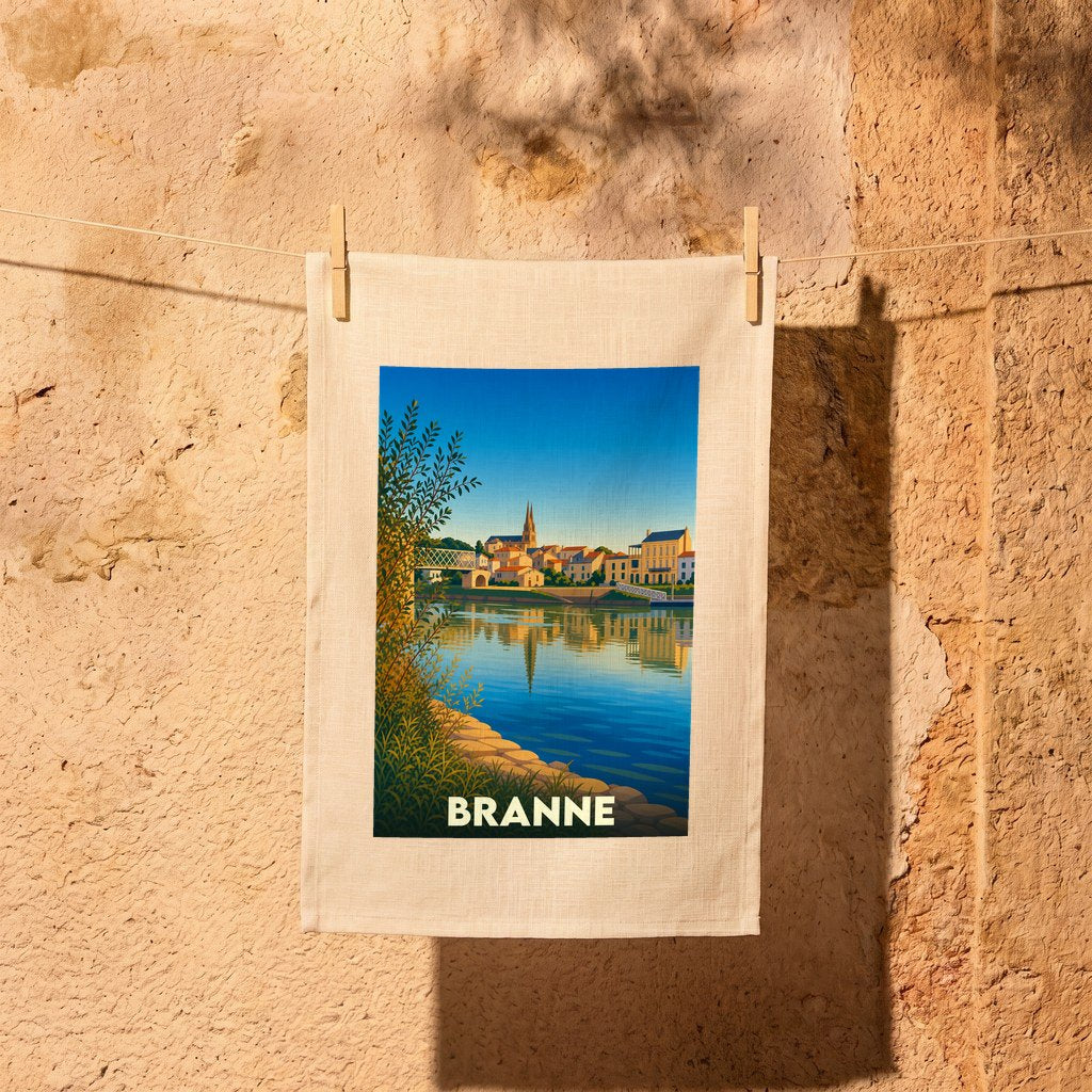 Torchon souvenir de la ville de Branne illustré d'un paysage urbain au bord de l'eau.