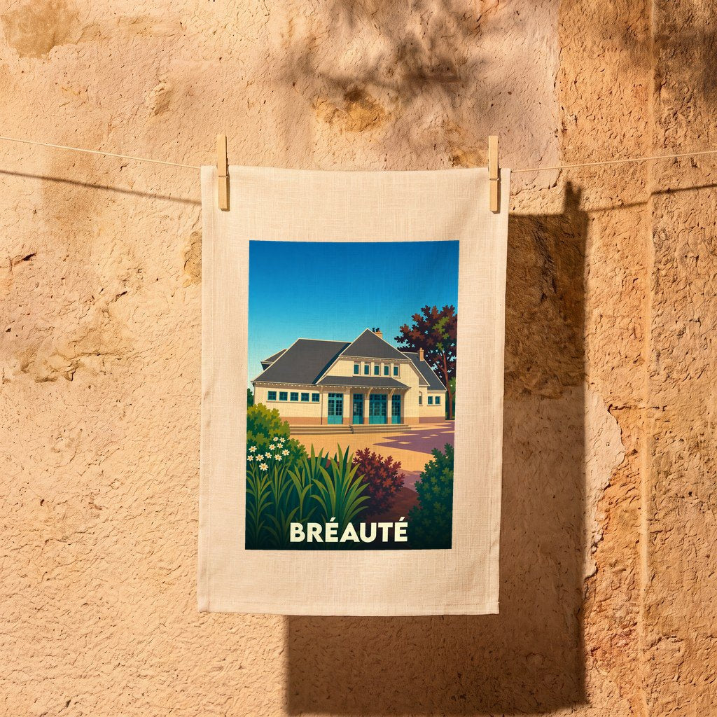 Torchon souvenir de la ville de Bréauté illustré d'un bâtiment stylisé sous un ciel bleu.