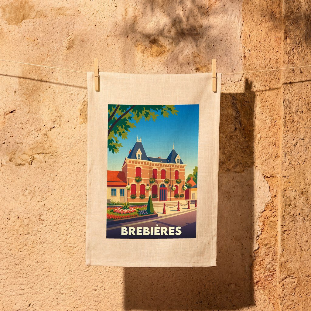 Torchon souvenir de la ville de Brebières avec une illustration stylisée d'un bâtiment remarquable.